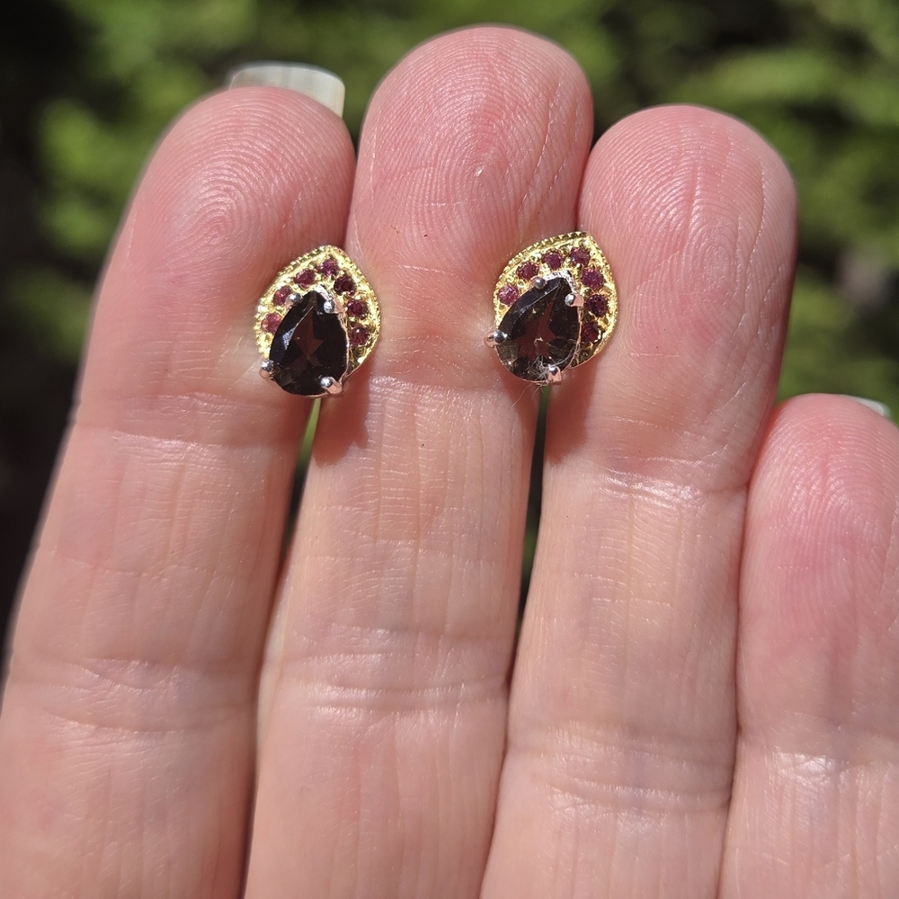 Smokey Quartz 2k & Rhodolite Natural Sterling & Gold Earrings - Picture 7 of 9